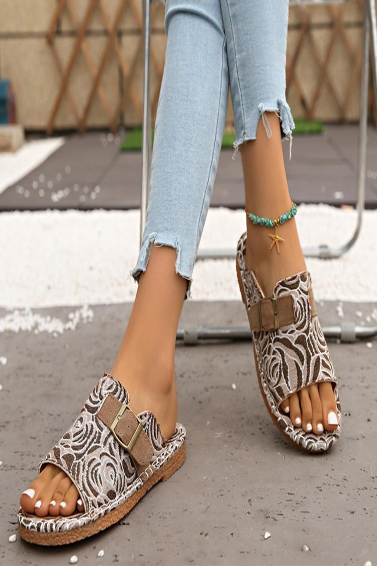 Pantuflas casuales con punta redonda, decoración con hebilla y correa con estampado de flores