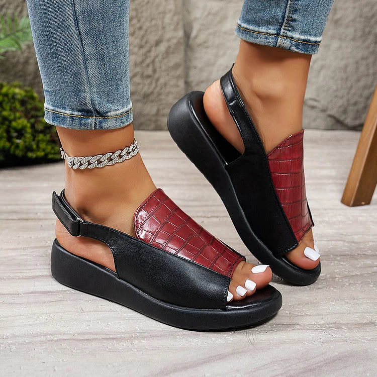 Crocodile Pattern Patchwork Round Toe Slingback Strap Buckle Sandals