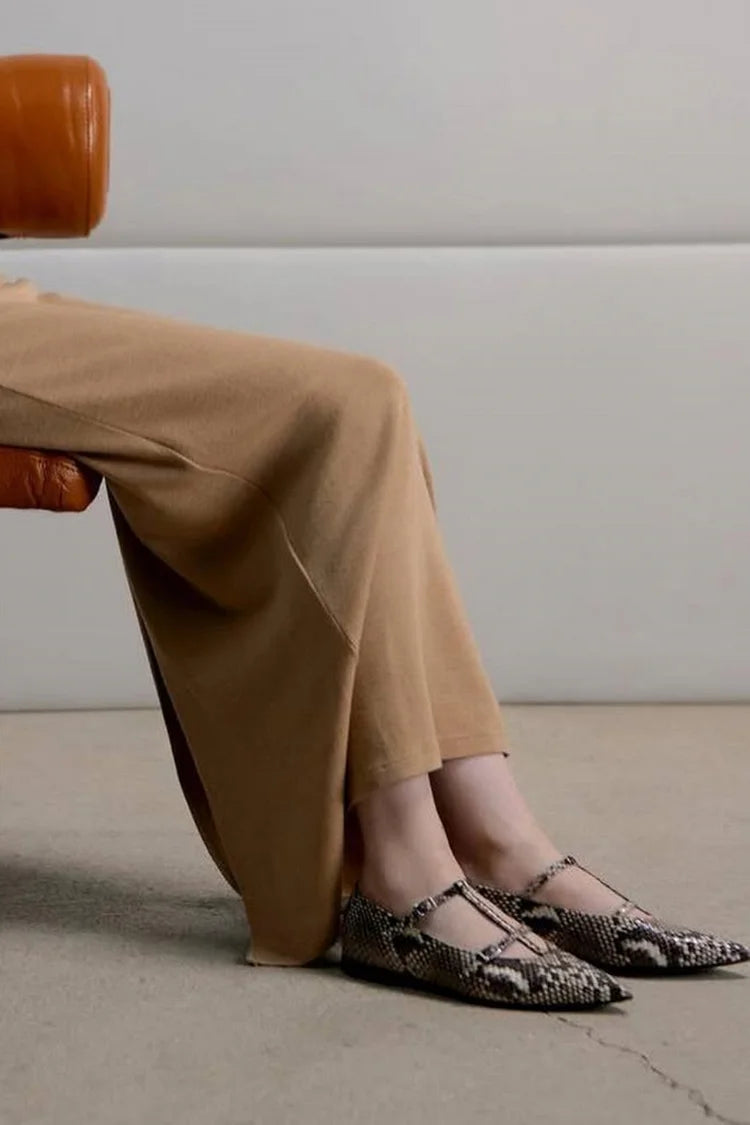 Snake Print Crossover Strap Buckle Pointed Toe Brown Flats [Pre Order]