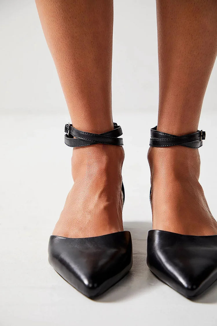 Scarpe basse nere con cinturino incrociato alla caviglia, fibbia, punta liscia, nere [Preordine] 