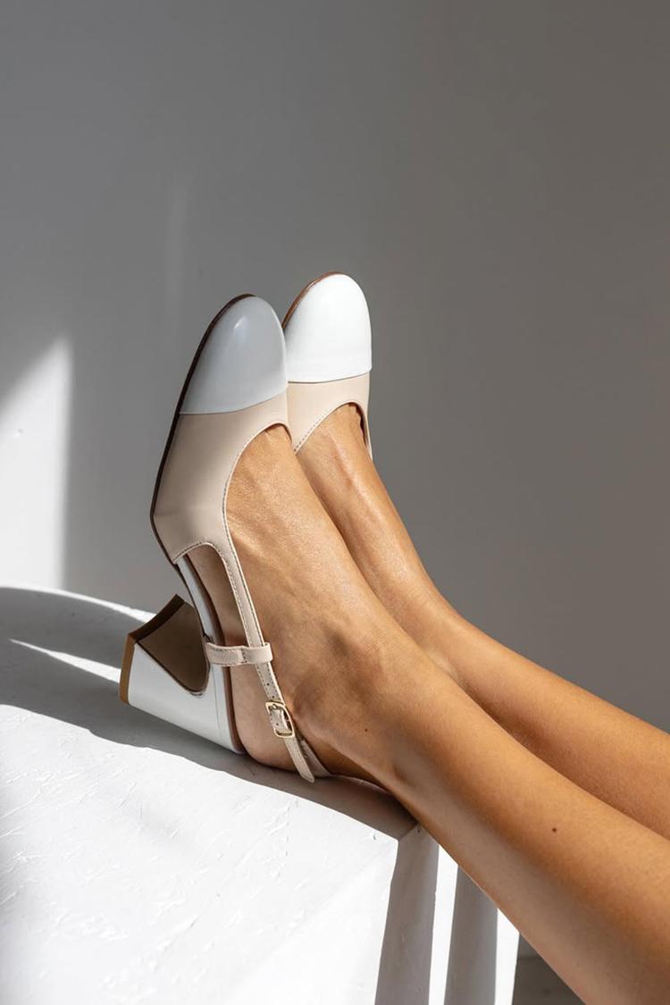 Scarpe con tacco grosso beige con punta tonda e cinturino posteriore patchwork [Pre-ordine]