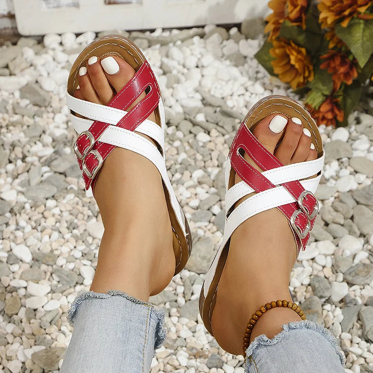 Colorblock Cross Straps Buckles Round Toe Casual Wedge Slippers