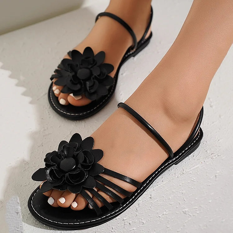 Sandalias casuales con tiras ahuecadas y diamantes de imitación de flores 3D lisas 