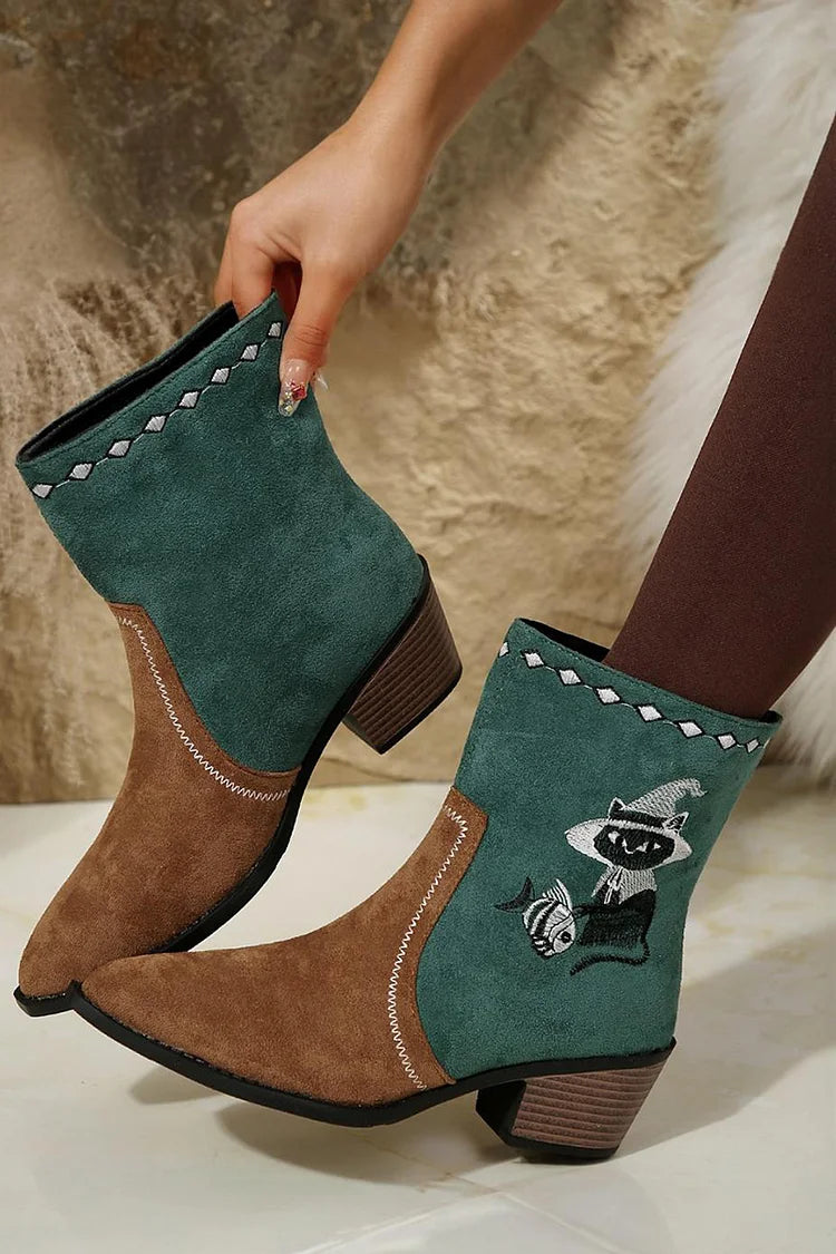 Cat Fish Embroidery Colorblock Pointed Toe Ankle Boots