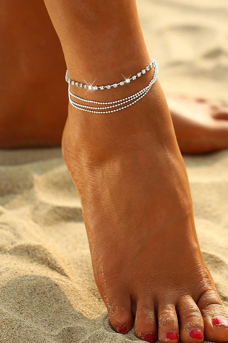 Cavigliera multistrato in lega alla moda con decorazioni in strass 