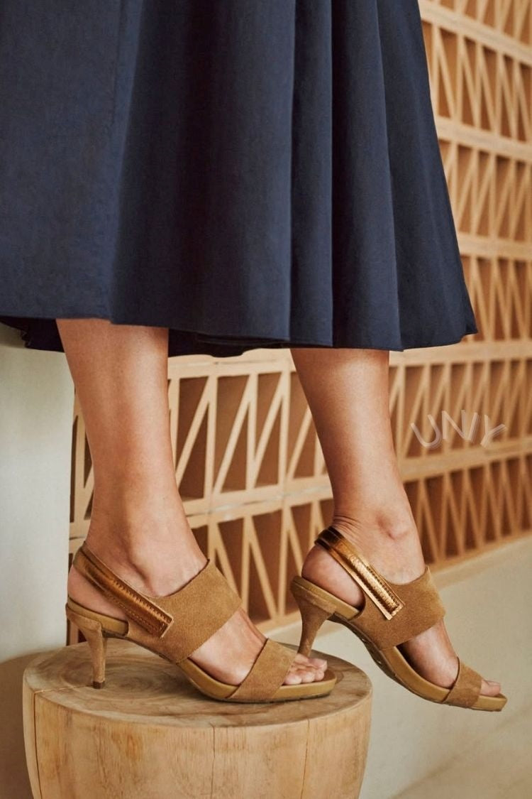 Camel Faux Suede Patchwork Open Toe Stiletto Heel Sandals [Pre Order]