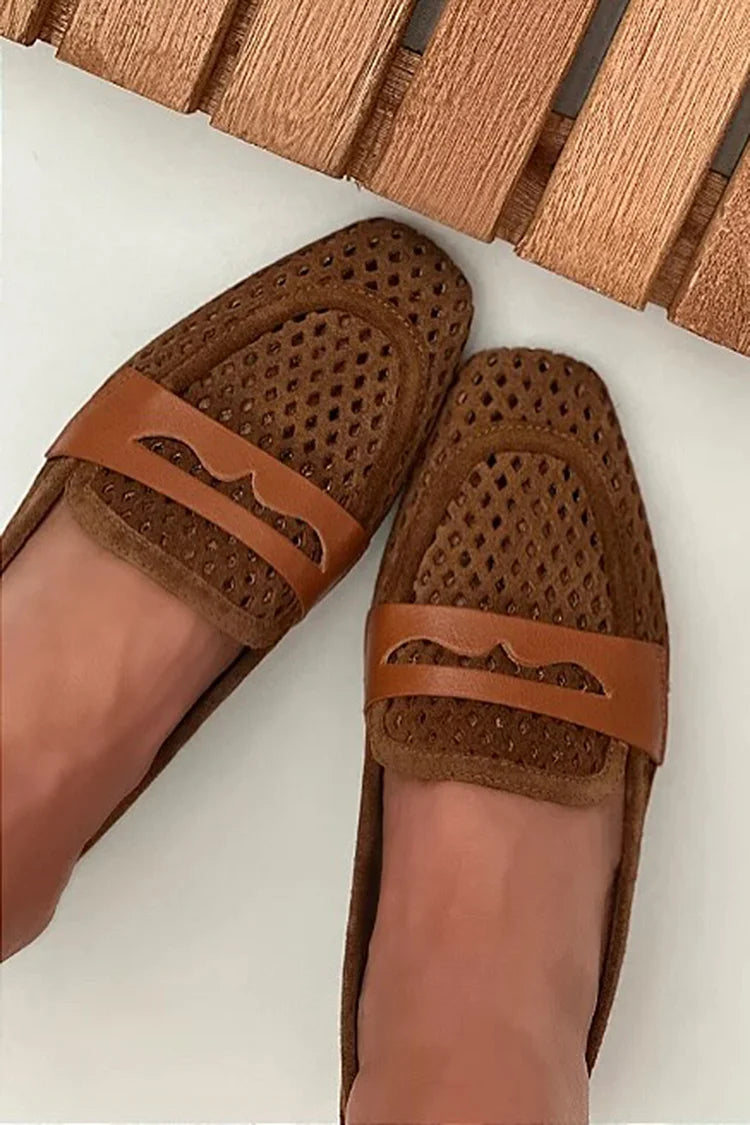 Brązowe mokasyny z ażurowym wzorem, kwadratowym noskiem [Przedsprzedaż]