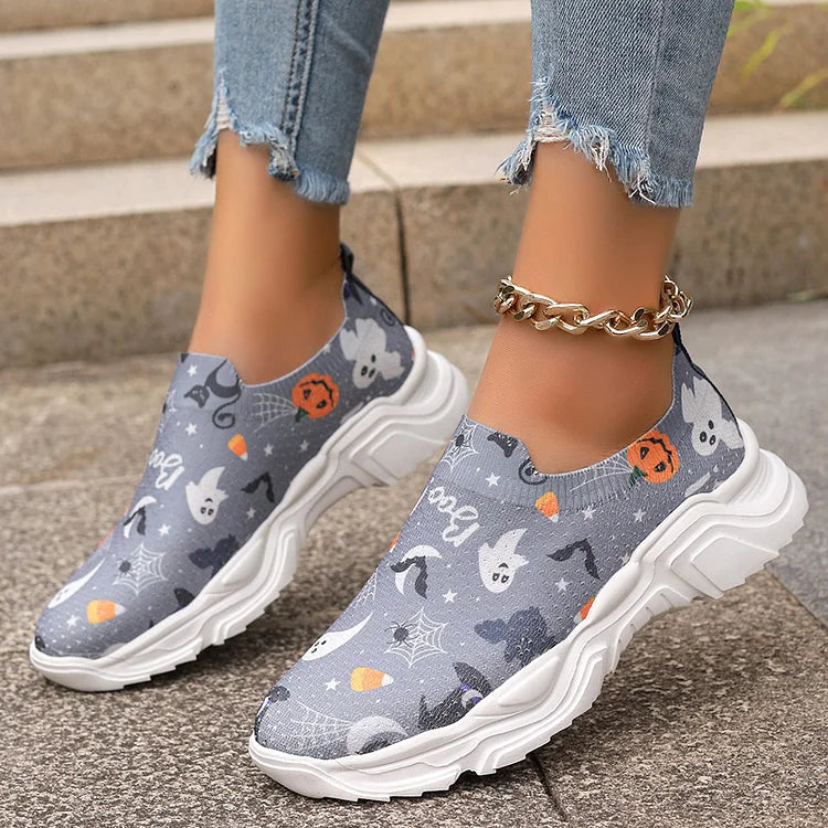 Happy Halloween Floral Skulls Ghost Pumpkin Spider Web Print Slip On Sneakers