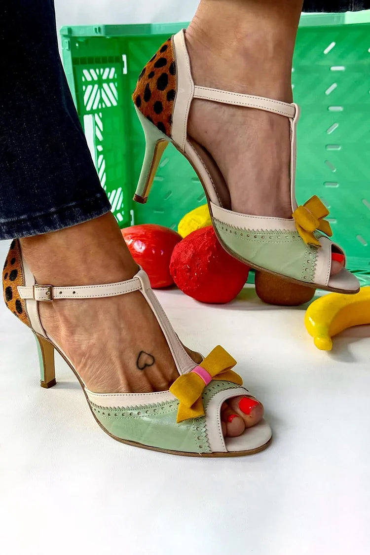 Colorblock Schleifen-Dekor Leopardenmuster Grüne Stiletto-Absätze [Vorbestellung]