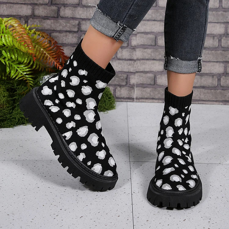 Colorblock Knitted Leopard Pattern Round Toe Chunky Heel Ankle Boots