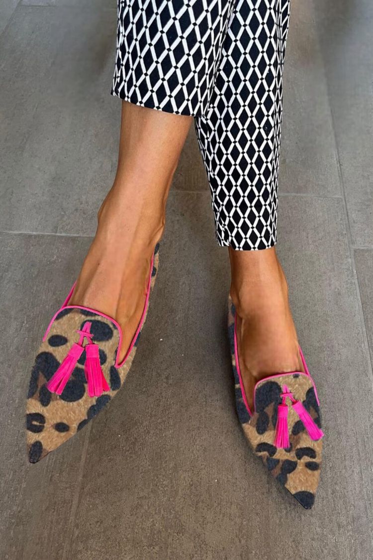 Leopard Patchwork Rosa Quaste Spitz zulaufende Zehe Lässige Ballerinas [Vorbestellung]
