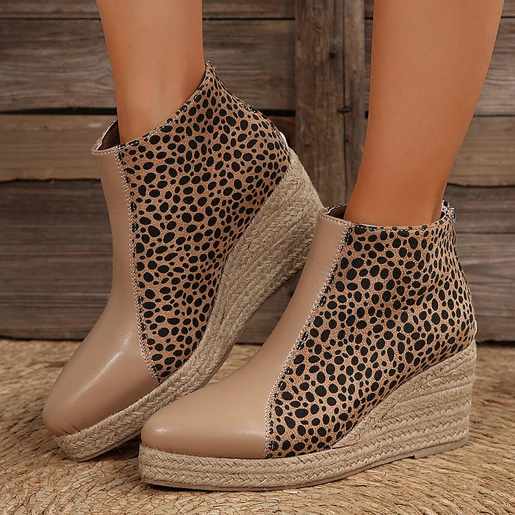 Leopard Print Patchwork Quilted Pointy Toe Wedge Espadrille Ankle Boots