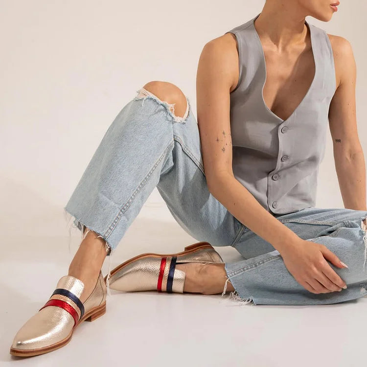 Mokasyny w kolorowe paski z metalicznym połyskiem, złote, z noskiem w szpic [Przedsprzedaż]