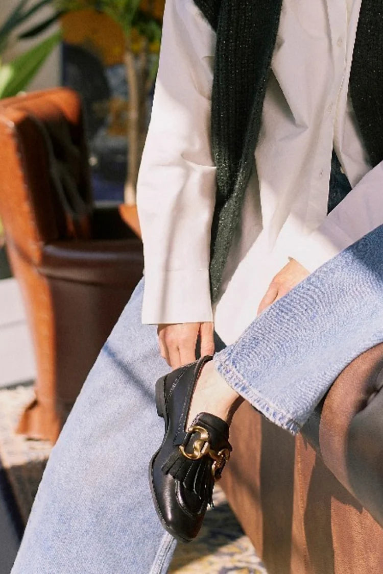 Czarny metalowy dekoracyjny mokasyn z kwadratowym noskiem [Przedsprzedaż]