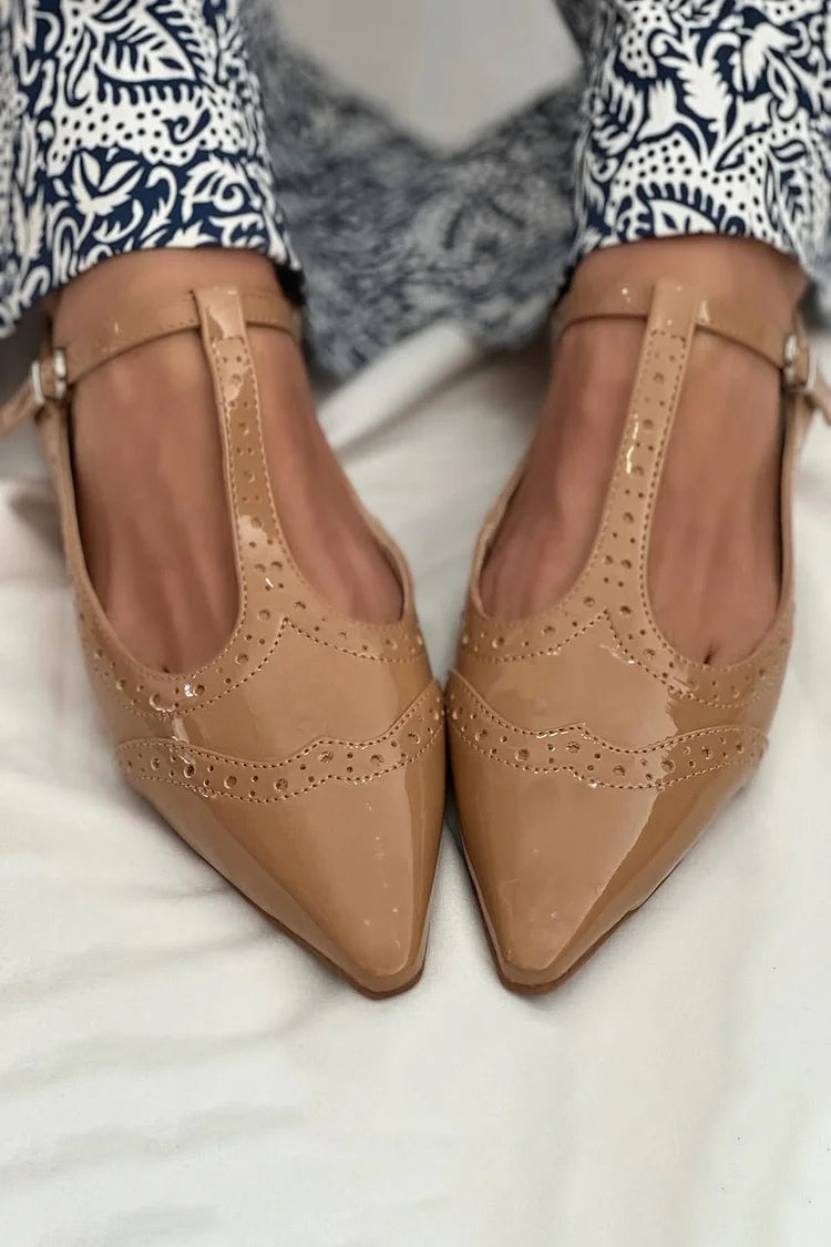 Patchwork T-Strap Buckle Pointed Toe Light Brown Flats [Pre Order]