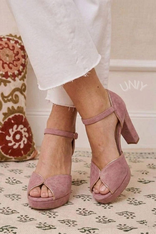 Chic Mauve Pink Faux Suede Gold Piping Platform Block Heels [Pre Order]