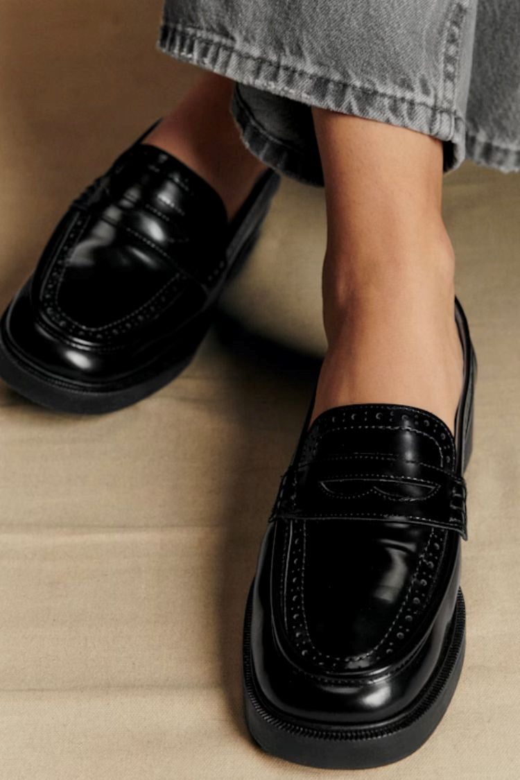 Retro Black Polished Brogue Perforated Platform Loafers [Pre Order]