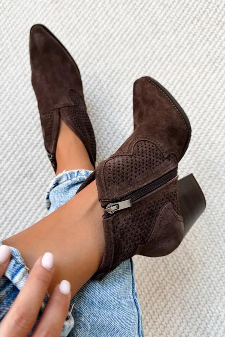 Stivali con tacco marrone scuro, punta a punta, cerniera patchwork traforata [Pre Ordine]