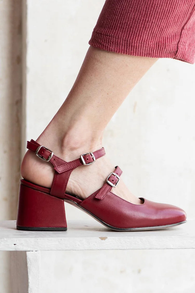 Instep Straps Buckles Slingback Burgundy Chunky Heels [Pre Order]