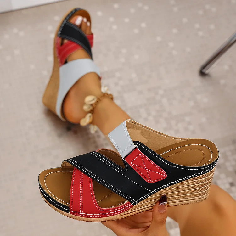 Colorblock Cross Strap Stitch Detail Round Toe Wedge Slippers