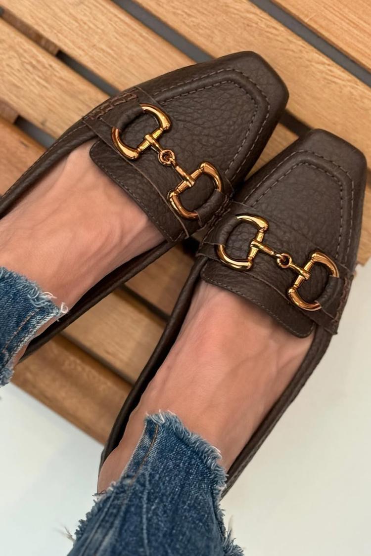 Metall-Schnalle Dekor Quadratische Spitze Dunkelbraune Loafers [Vorbestellung]