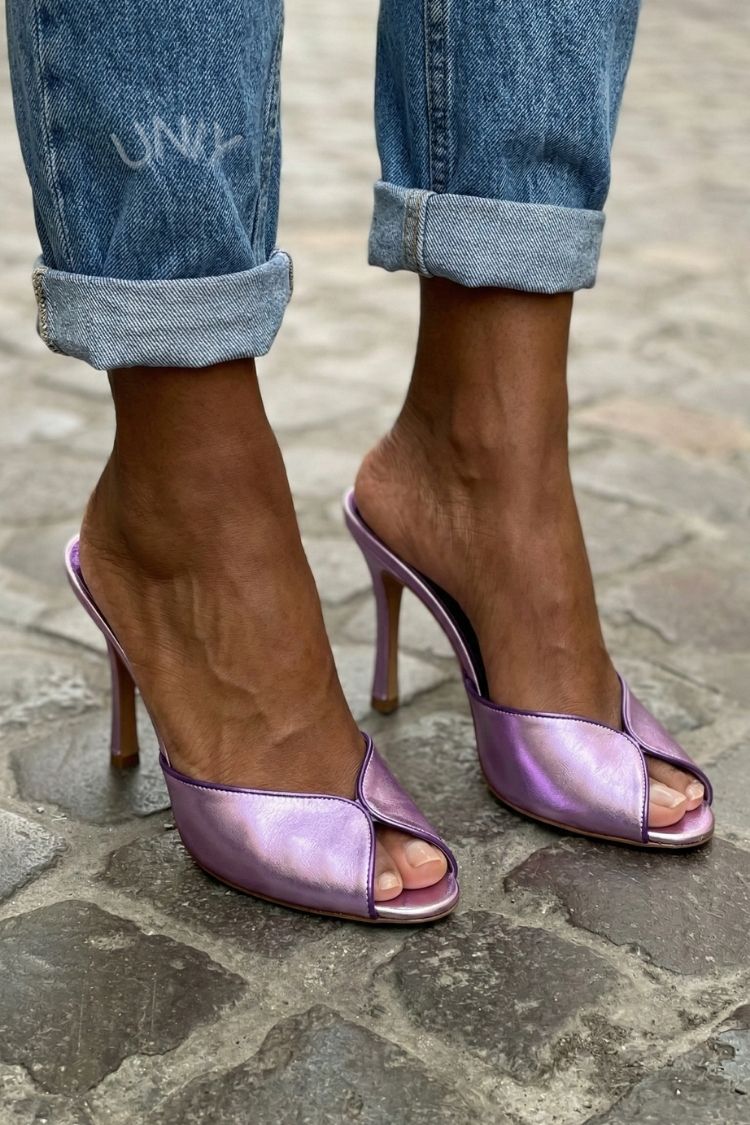 Elegant Metallic Purple Peep Toe V-Cut Stiletto Heel Mules [Pre Order]