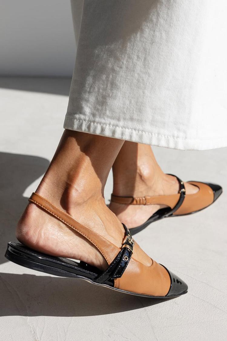 Paski na podbicie z klamrą, kolorowe baleriny z kwadratowym noskiem w kolorze brązowym [Przedsprzedaż]