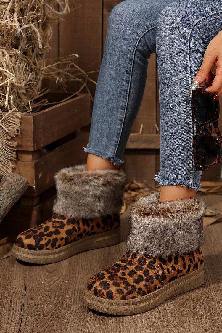 Leopard Print Faux Fur Trim Round Toe Casual Snow Boots