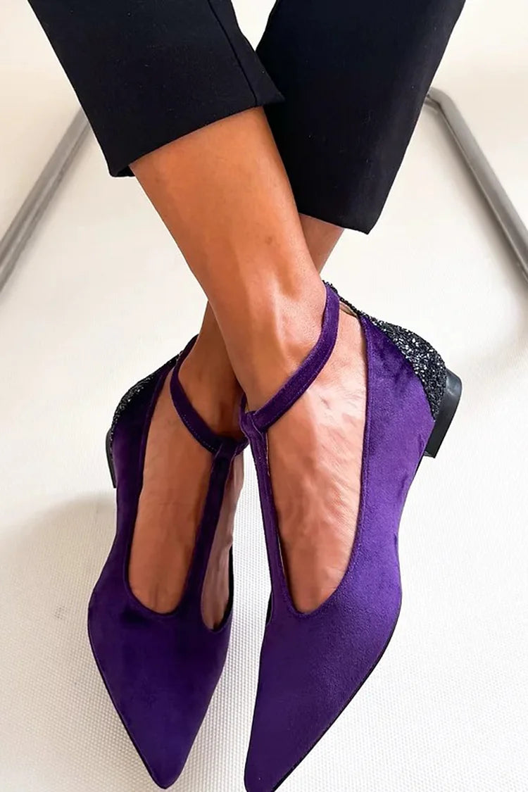 T-Strap Buckle Glitter Patchwork Pointed Toe Purple Flats [Pre Order]