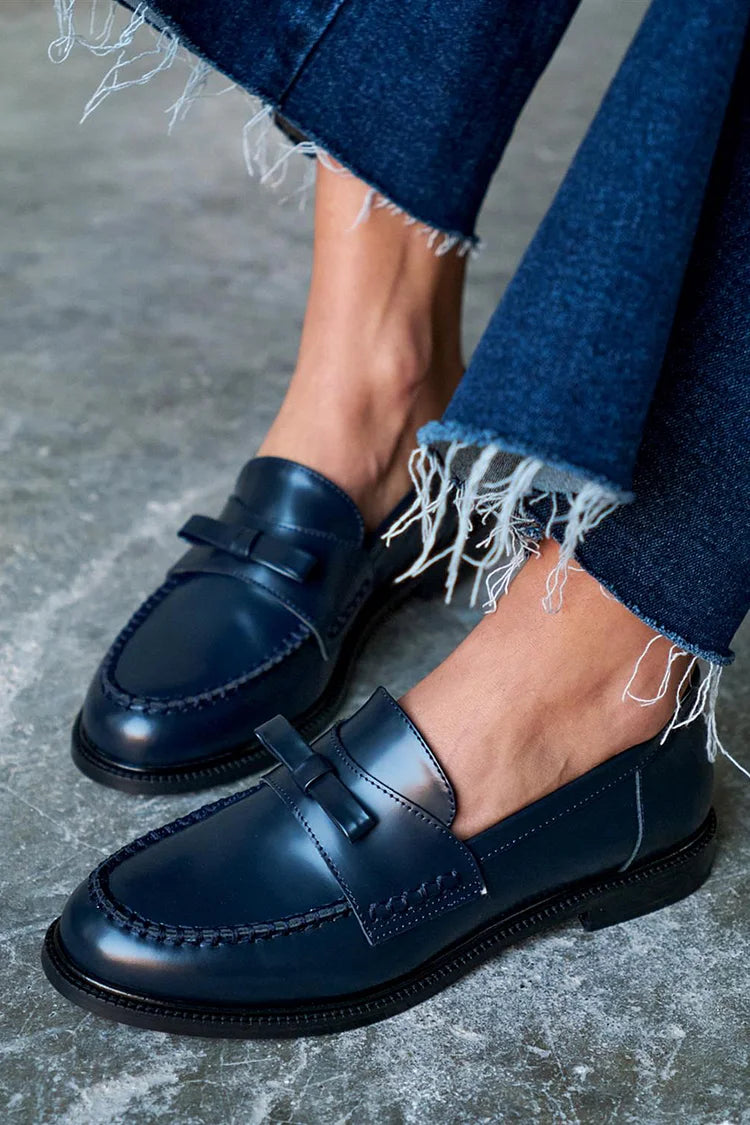 Schleifen-Dekor Patchwork Einfarbig Rundzehen Marineblaue Loafers