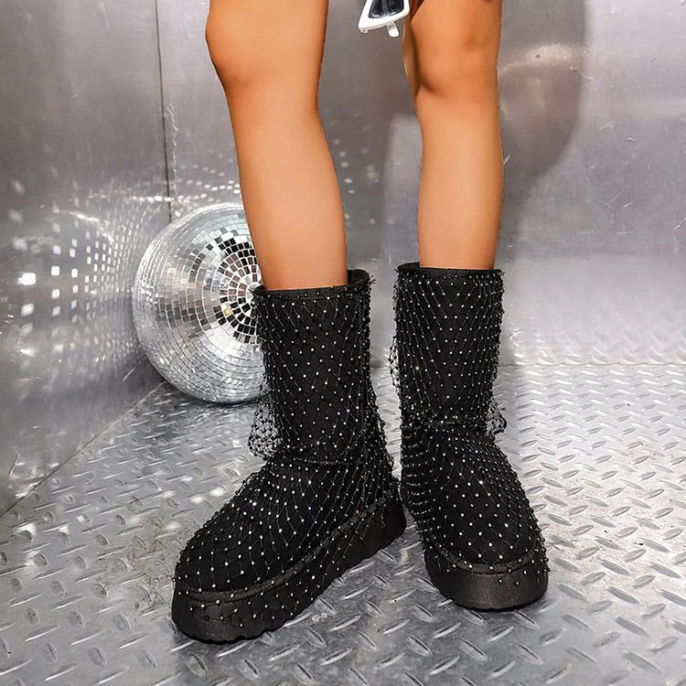 Rhinestone Fishnet Decor Round Toe Pull On Snow Boots