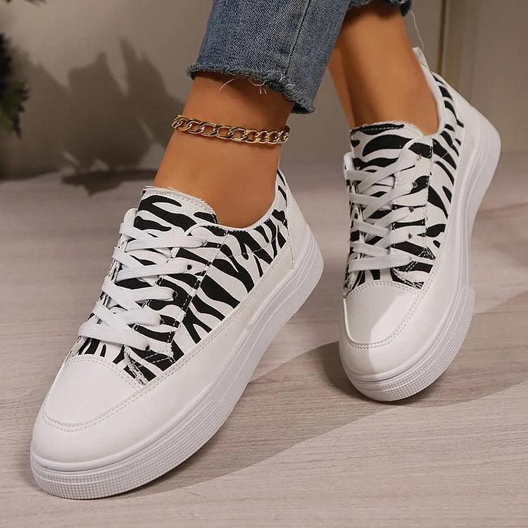 Zebra Print Patchwork Round Toe Casual Lace Up Tênis