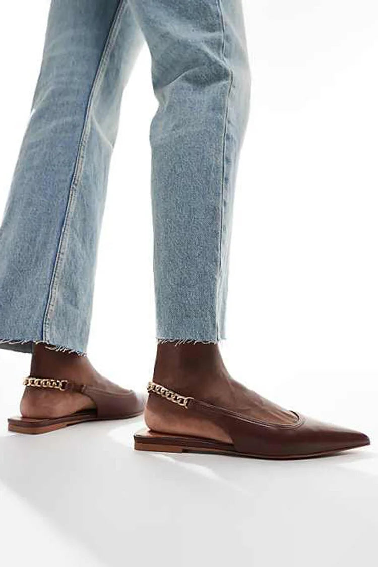 Alloy Chain Slingback Strap Pointed Toe Solid Color Brown Flats [Pre Order]