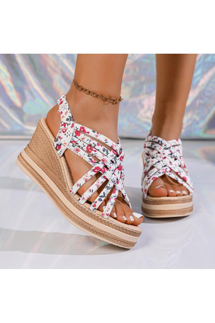 Sandalias de cuña con punta redonda, tiras tejidas y estampado floral