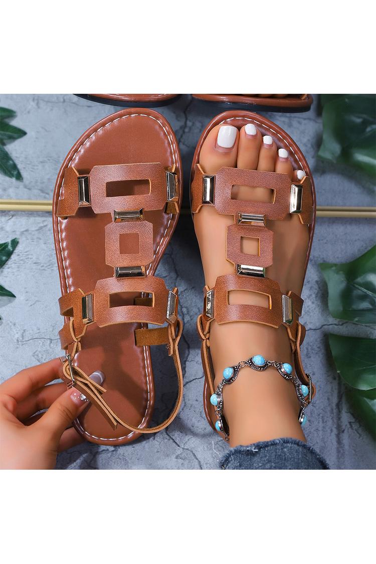 Metall Dekor Hohle Schnalle Runder Zeh Freizeit Sandalen