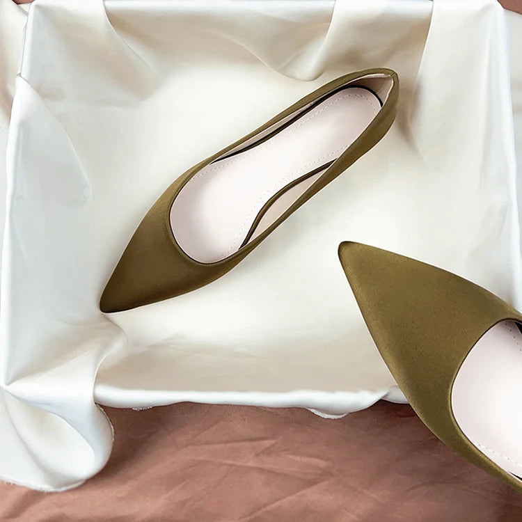 Satin Solid Color Pointed Toe Elegant Slip On Flats