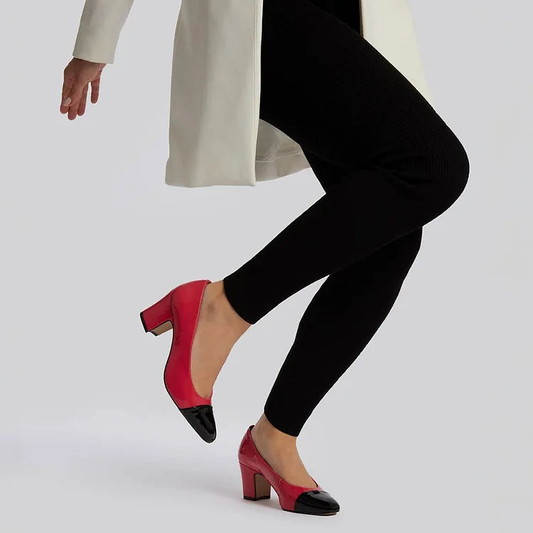 Pointed Toe Colorblock Elegant Red Chunky Heels [Pre Order]