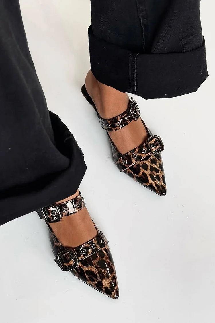 Instep Strap Buckle Pointed Toe Leopard Print Stiletto Heels [Pre Order]