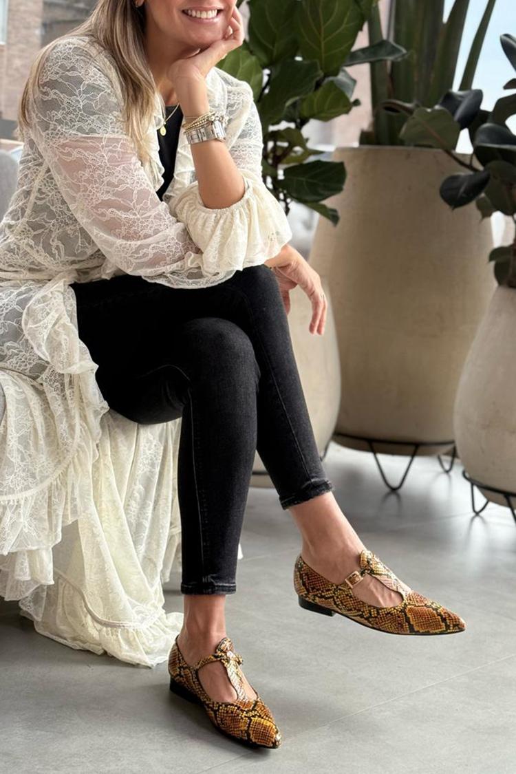 Scarpe basse casual con punta affilata, cinturino a T con stampa serpente [Pre-ordine]