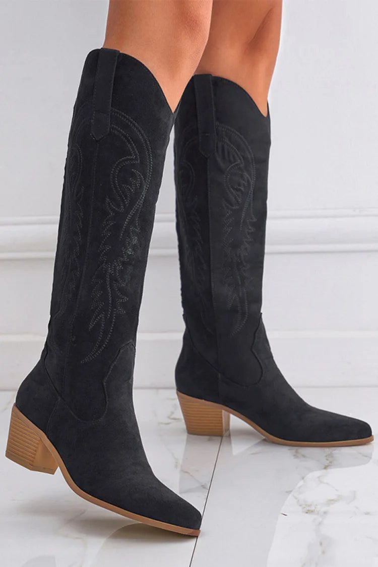 Embroidery Pointed Toe Patchwork Chunky Heel Knee High Boots