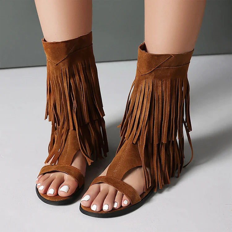 Sandały botki na wysokim obcasie z zamkiem błyskawicznym, odkrytymi palcami, ozdobione frędzlami w jednolitym kolorze