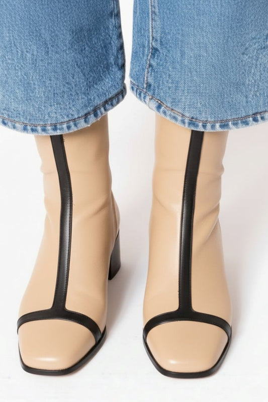 Apricot Square Toe Patchwork Leather Chunky Heel Ankle Boots [Pre Order]