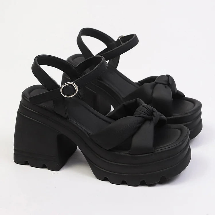 Solid Color Knotted Open Toe Platform Chunky Heels