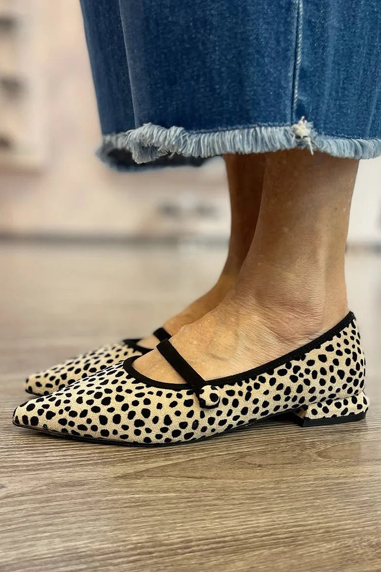 Leopard Pattern Instep Strap Buckle Pointed Toe Beige Flats [Pre Order]