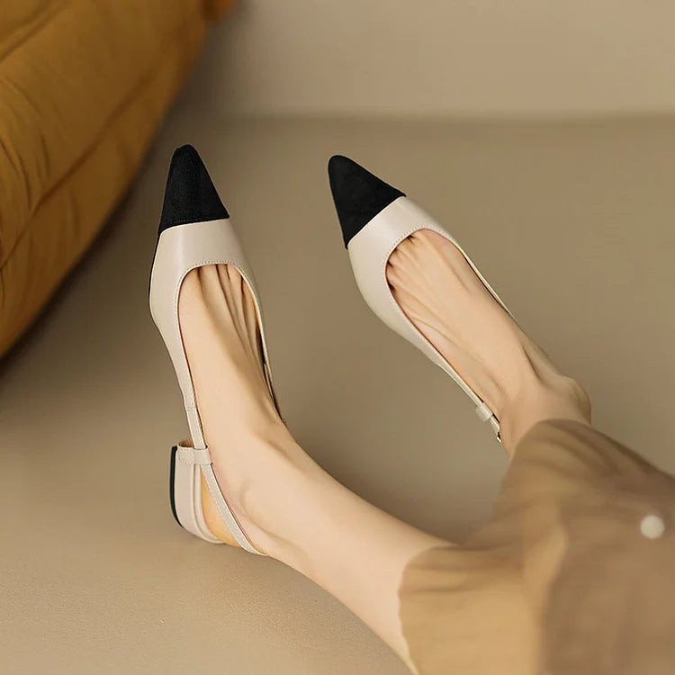 Color Block Pointy Toe Hollow Out Slingback Retro Flats