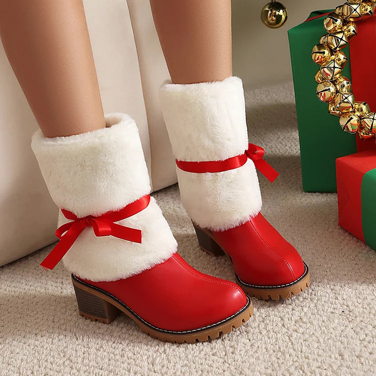 Christmas Colorblock Fluffy Tied Up Bow Round Toe Chunky Heel Mid Boots