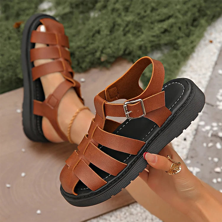 Woven Solid Color Hollow Out T-Strap Buckle Round Toe Sandals