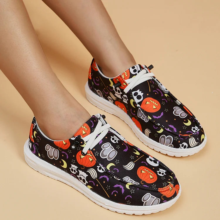 Halloween Element Pumpkin Ghost Skull Print Lace Up Canvas Casual Shoes