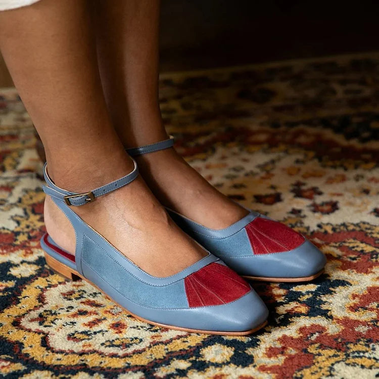 Patchwork Square Toe Ankle Strap Buckle Slingback Blue Flats [Pre Order]