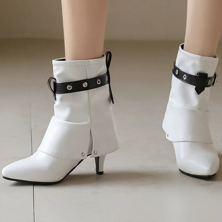 Colorblock Strap Buckle Fold Over Pointed Toe Kitten Heel Ankle Boots